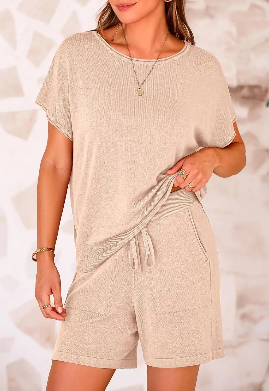 PRETTYGARDEN Two Piece Set For Women Summer Lounge Sets Shorts And Short Sleeve Tops Knitted Matching Travel Spring Outfits
