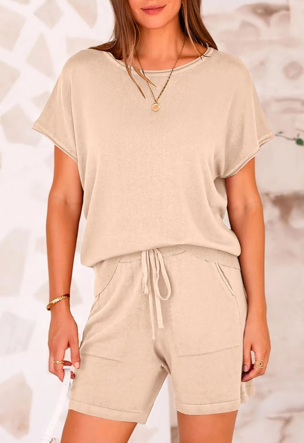 PRETTYGARDEN Two Piece Set For Women Summer Lounge Sets Shorts And Short Sleeve Tops Knitted Matching Travel Spring Outfits