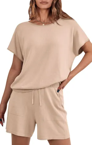 PRETTYGARDEN Two Piece Set For Women Summer Lounge Sets Shorts And Short Sleeve Tops Knitted Matching Travel Spring Outfits