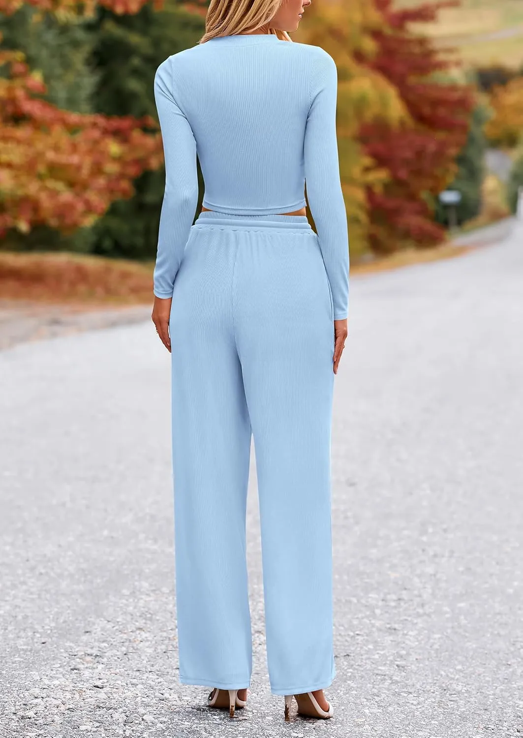 PRETTYGARDEN Women's 2 Piece Loungewear Long Sleeve Crop Top Wide Leg Palazzo Pants Set Tracksuits Casual Outfit