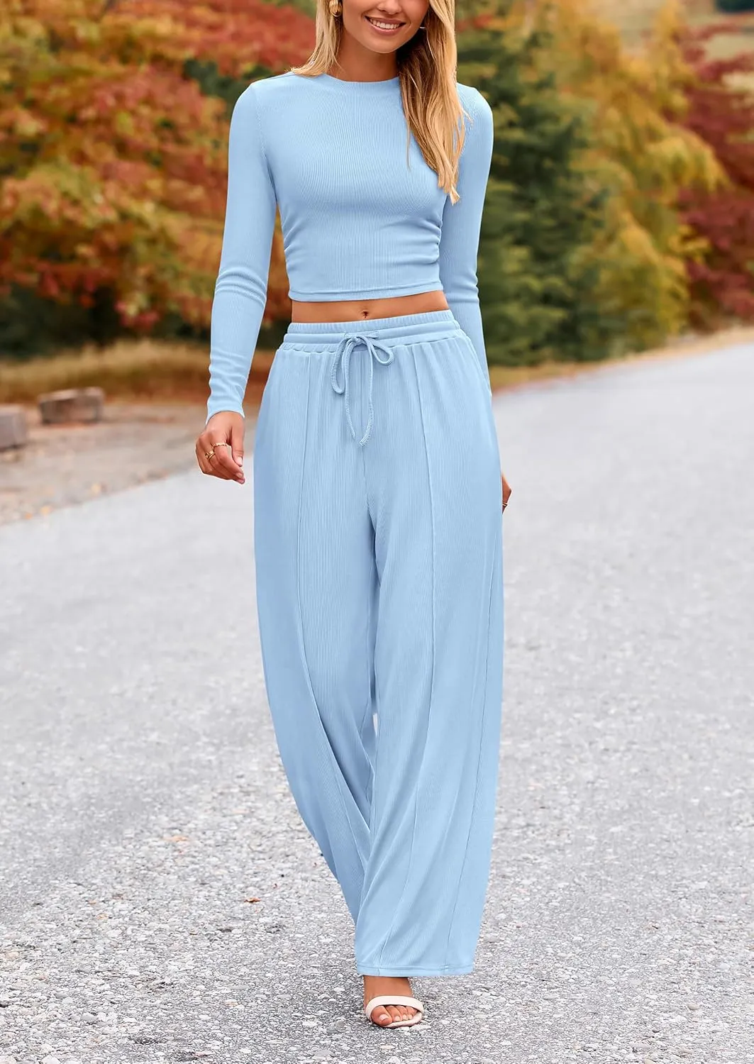 PRETTYGARDEN Women's 2 Piece Loungewear Long Sleeve Crop Top Wide Leg Palazzo Pants Set Tracksuits Casual Outfit