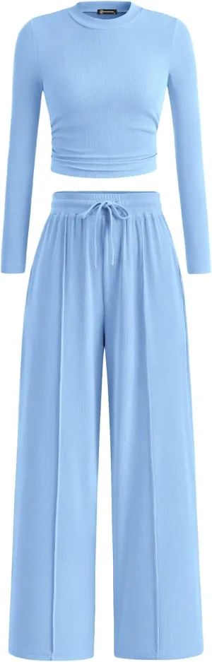 PRETTYGARDEN Women's 2 Piece Loungewear Long Sleeve Crop Top Wide Leg Palazzo Pants Set Tracksuits Casual Outfit