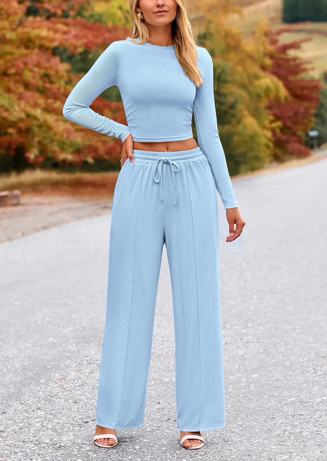 PRETTYGARDEN Women's 2 Piece Loungewear Long Sleeve Crop Top Wide Leg Palazzo Pants Set Tracksuits Casual Outfit