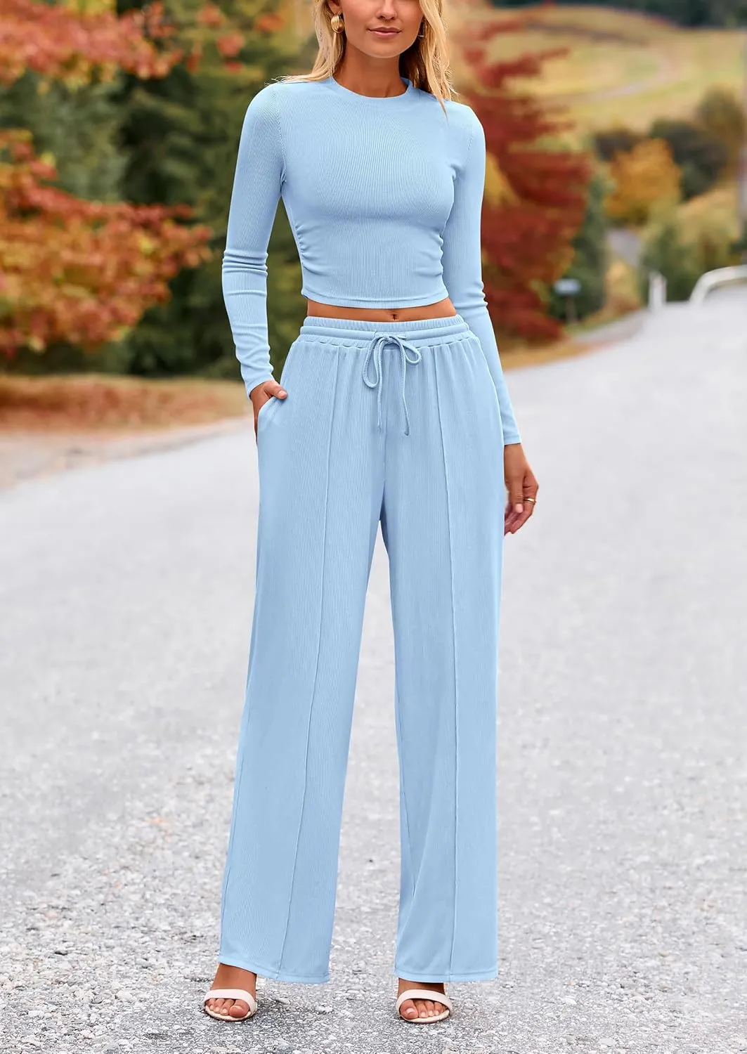PRETTYGARDEN Women's 2 Piece Loungewear Long Sleeve Crop Top Wide Leg Palazzo Pants Set Tracksuits Casual Outfit