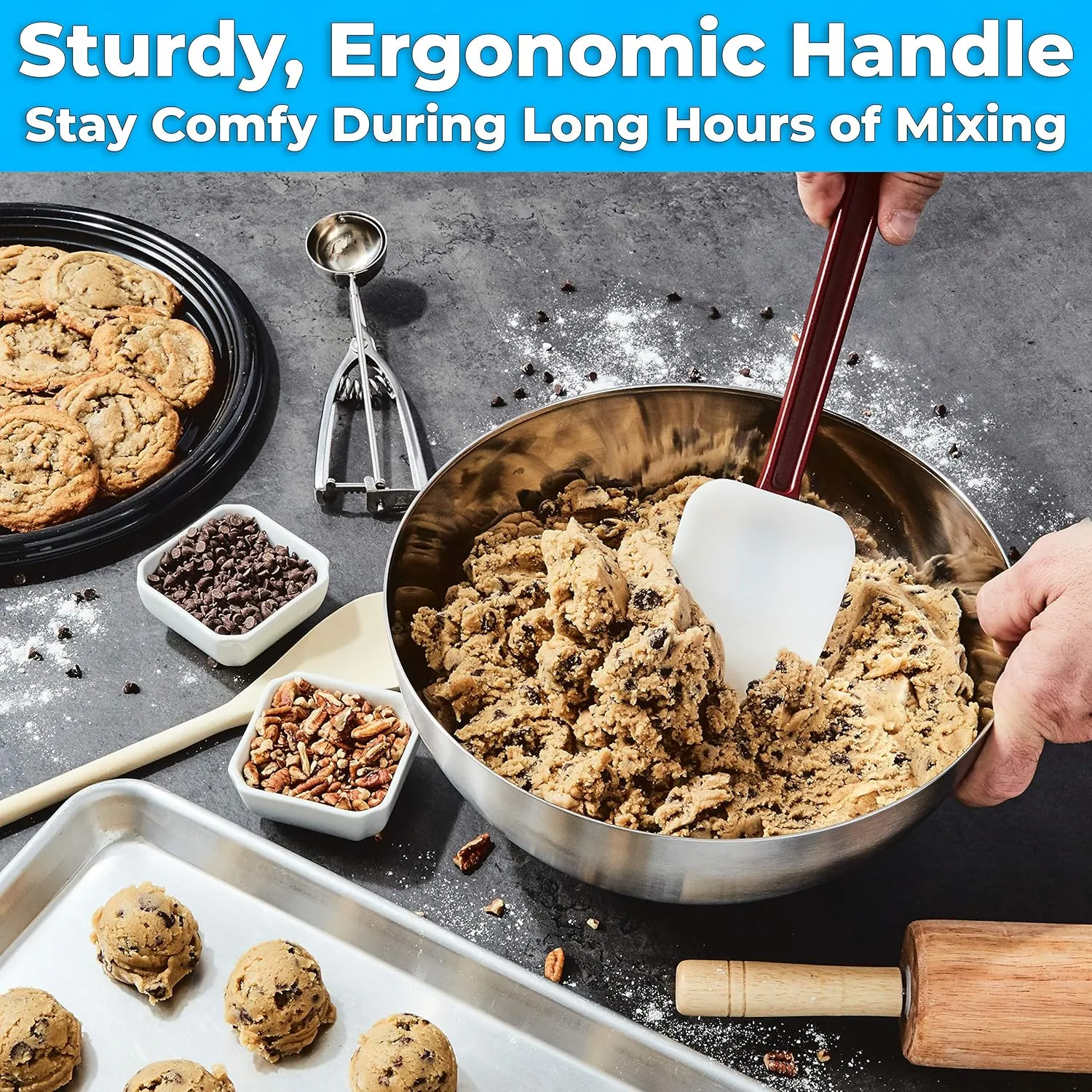 Pro Grade, Heavy Duty Spatula and Spoonula Combo Pk. Long, Heat Resistant 14" Silicone Scrapers Perfect for Nonstick Cookware. Best Non Scratch, Red and White Flat and Spoon Spatulas for Making Cake