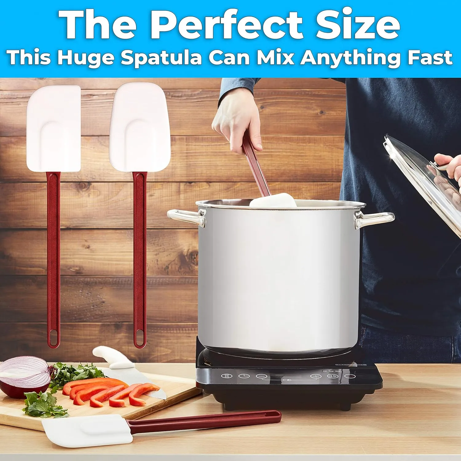 Pro Grade, Heavy Duty Spatula and Spoonula Combo Pk. Long, Heat Resistant 14" Silicone Scrapers Perfect for Nonstick Cookware. Best Non Scratch, Red and White Flat and Spoon Spatulas for Making Cake