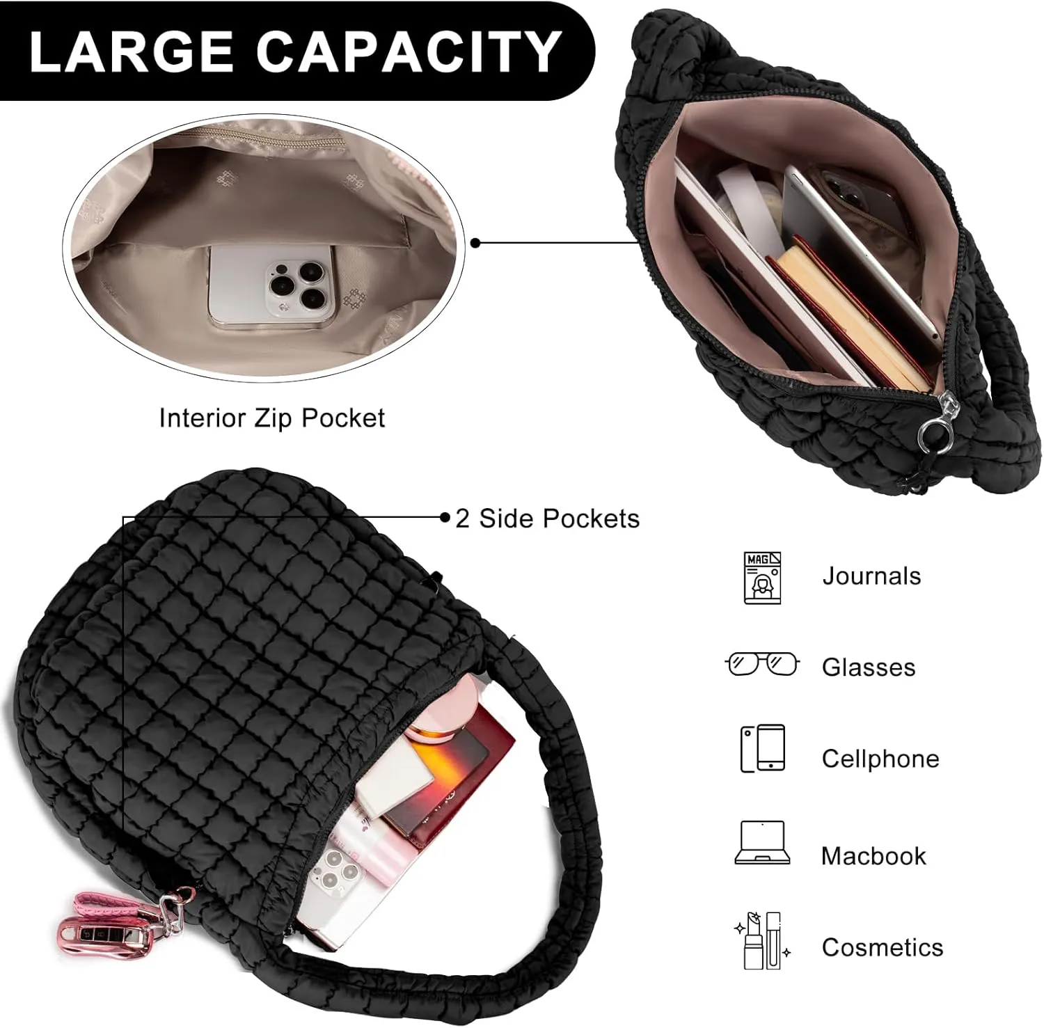 Puffer Tote Bag for Women Large Quilted Puffy Lightweight Carryall Crossbody Tote Bag for Women