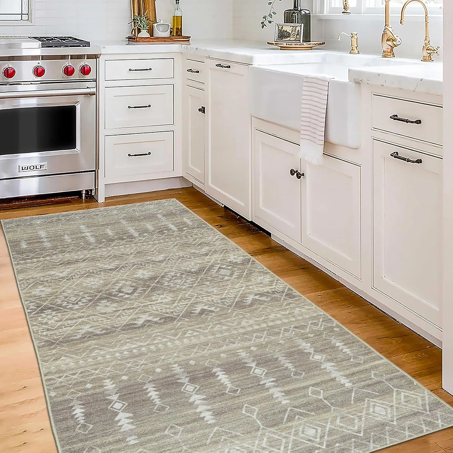 ReaLife Rugs Machine Washable Area Rug Runner - Living Room Bedroom Bathroom Kitchen Entryway Office - Padded Low Pile Stain Resistant Premium - Geometric Moroccan Tribal - Beau - Beige 2'6" x 6'