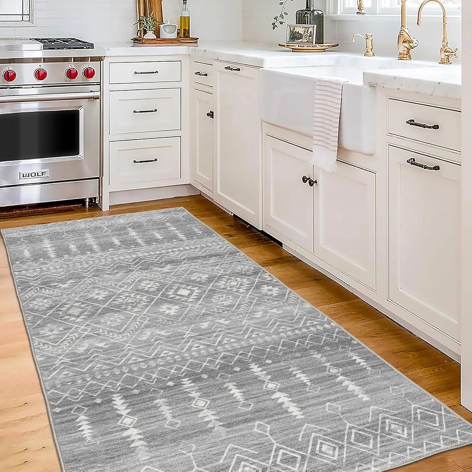 ReaLife Rugs Machine Washable Area Rug Runner - Living Room Bedroom Bathroom Kitchen Entryway Office - Padded Low Pile Stain Resistant Premium - Geometric Moroccan Tribal - Beau - Gray 2'6" x 6'