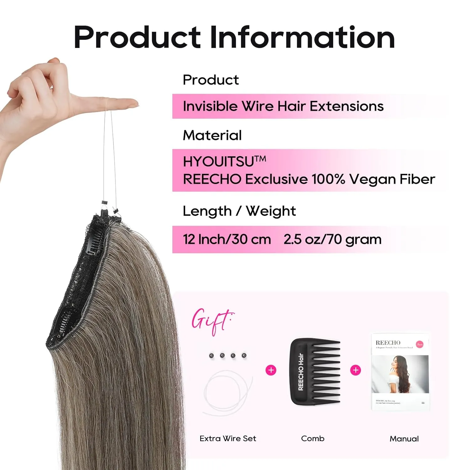 REECHO 12" Invisible Wire Hair Extensions with Thinner Softer Lace Weft Adjustable Size Removable Secure Clips in Short Straight Secret Hairpiece for Women - Ash Brown with Platinum Blonde Highlights