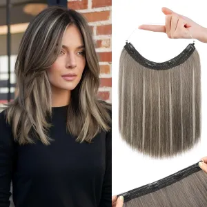 REECHO 12" Invisible Wire Hair Extensions with Thinner Softer Lace Weft Adjustable Size Removable Secure Clips in Short Straight Secret Hairpiece for Women - Ash Brown with Platinum Blonde Highlights