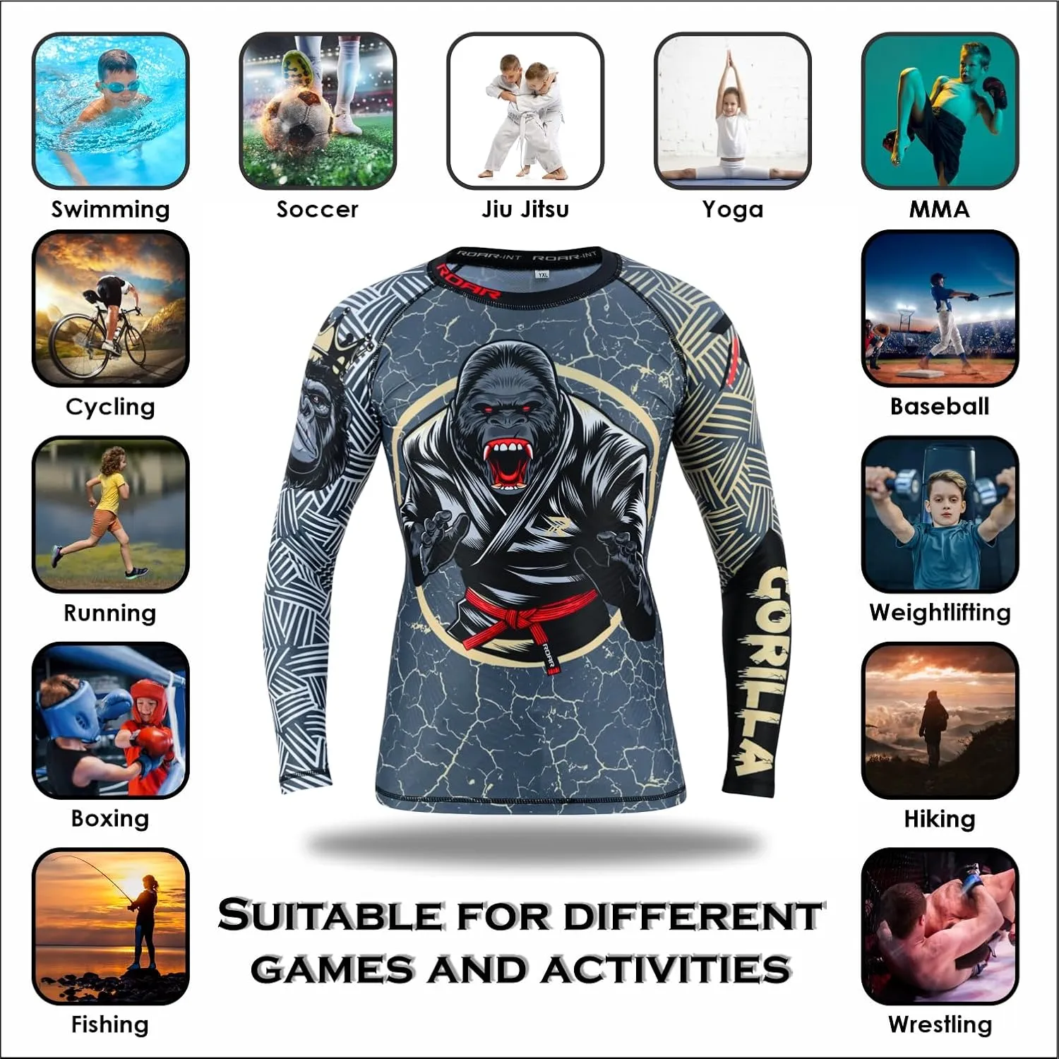 Roar BJJ Kid's MMA Rash Guard Training No-Gi and Gi Jiu Jitsu Rashguard MMA Grappling Compression Shirts Wrestling