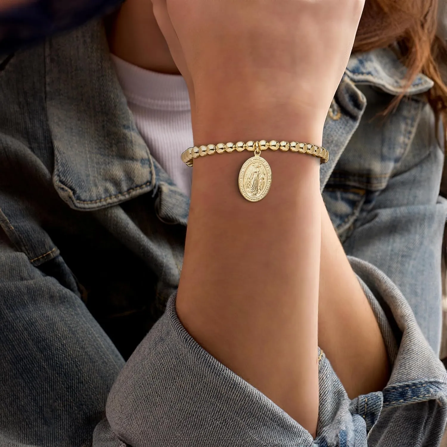 Ross-Simons Italian 18kt Gold Over Sterling Miraculous Medal Bead Stretch Bracelet