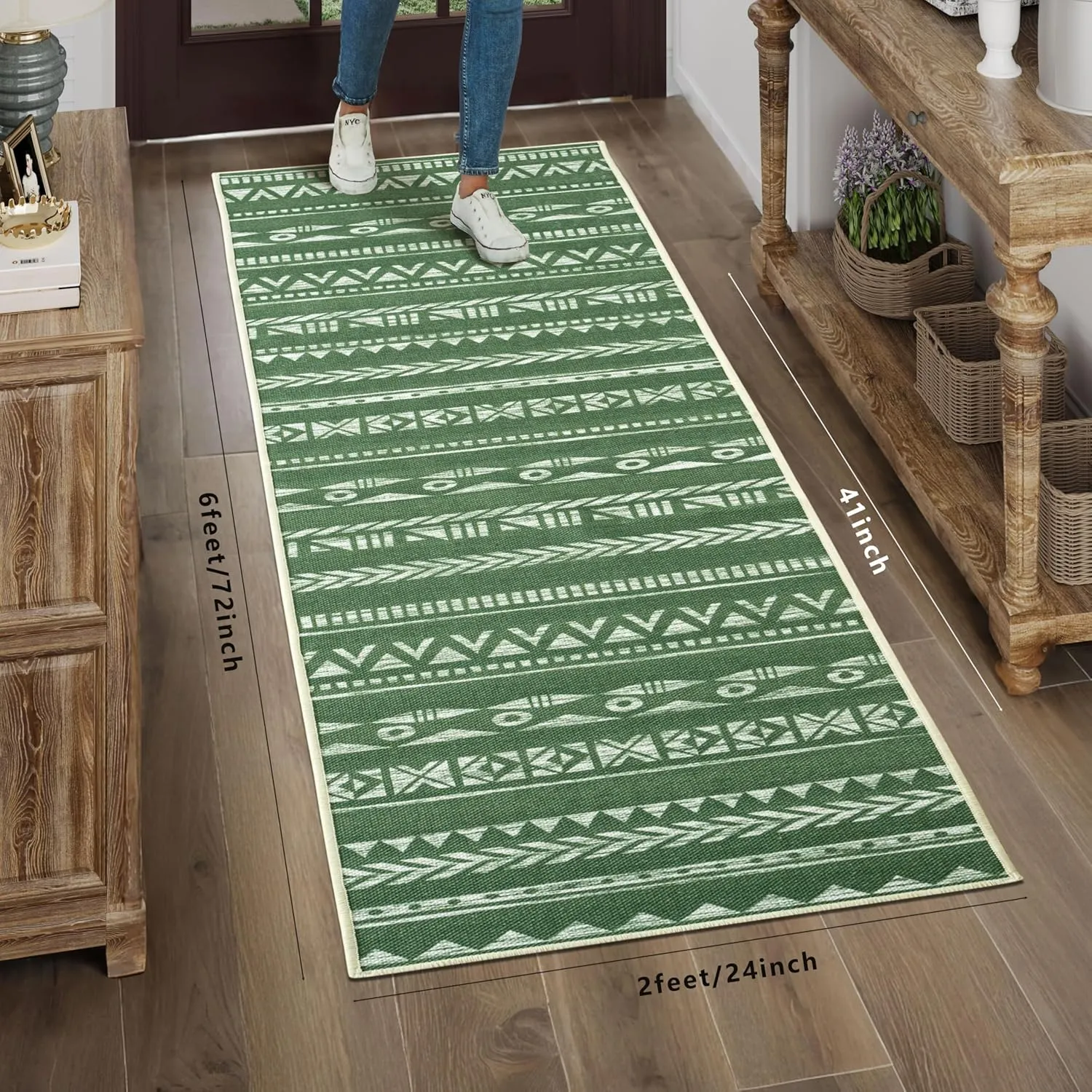 Runners for Hallways Kitchen Runner Rug Non Slip 2x6 Washable Runner Rugs Tear and Stain Resistance, Hand Woven Style Thin Runners for Hallways, Kitchen, Laundry, Bedroom, Bathroom- Green