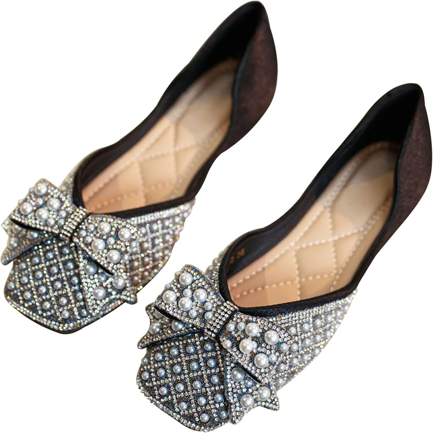 SAILING LU Rhinestones Flats Bow-Knot Shoes Women Dressy Square Toe Bridal Shoes for Wedding Comfortable Loafers Slip-ons