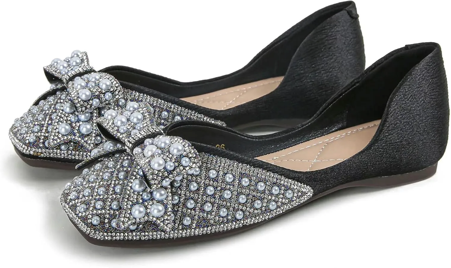 SAILING LU Rhinestones Flats Bow-Knot Shoes Women Dressy Square Toe Bridal Shoes for Wedding Comfortable Loafers Slip-ons