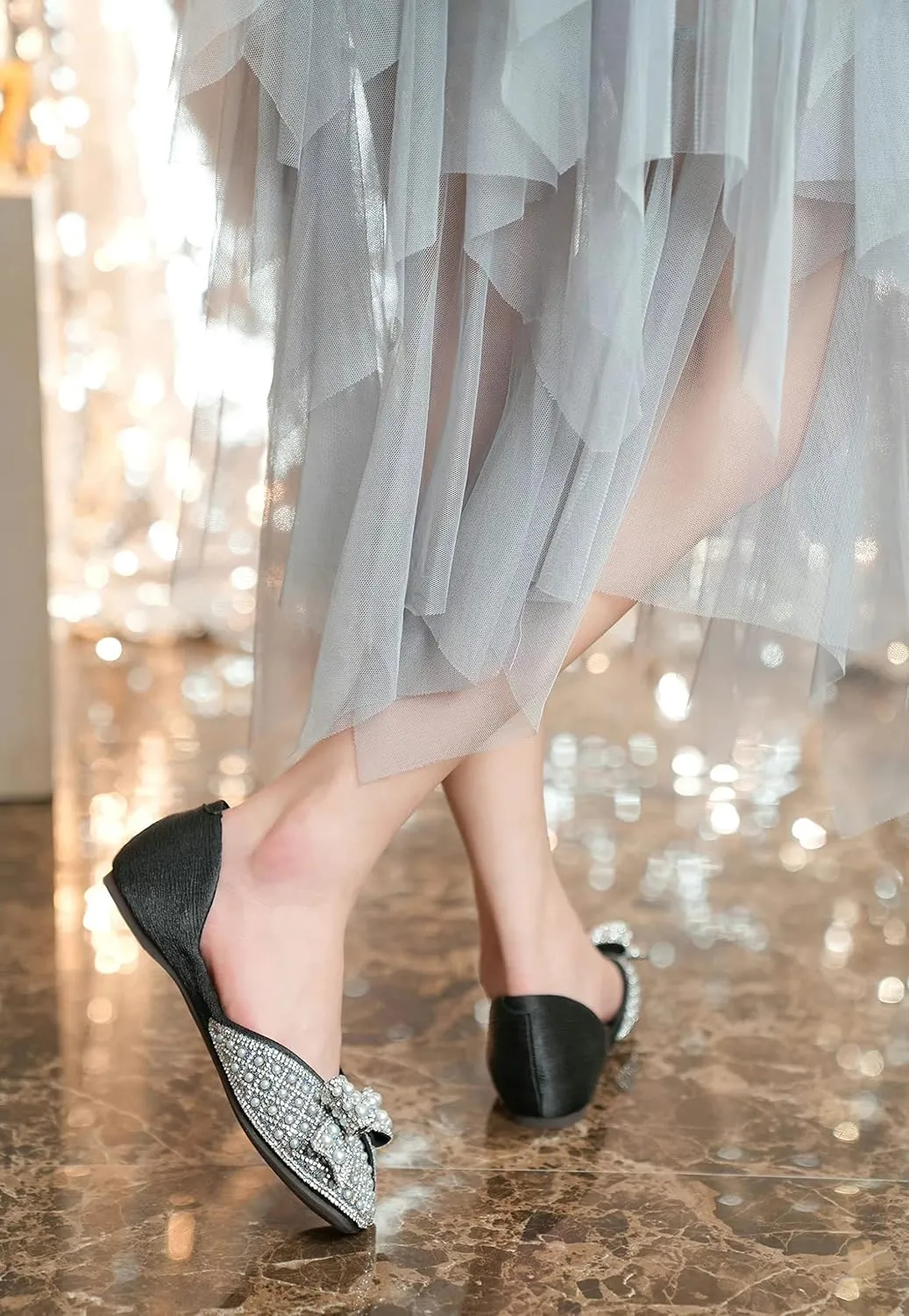 SAILING LU Rhinestones Flats Bow-Knot Shoes Women Dressy Square Toe Bridal Shoes for Wedding Comfortable Loafers Slip-ons