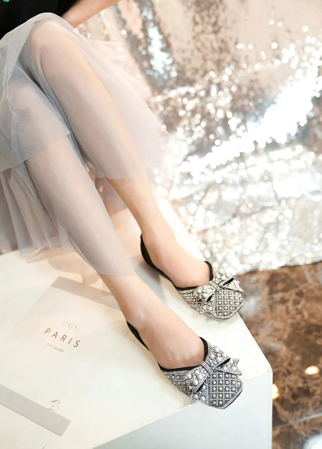 SAILING LU Rhinestones Flats Bow-Knot Shoes Women Dressy Square Toe Bridal Shoes for Wedding Comfortable Loafers Slip-ons