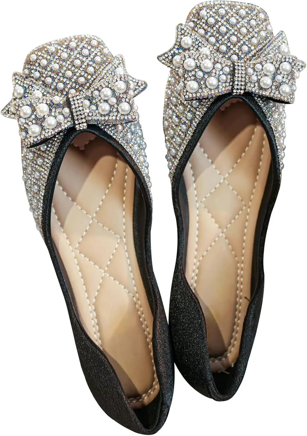 SAILING LU Rhinestones Flats Bow-Knot Shoes Women Dressy Square Toe Bridal Shoes for Wedding Comfortable Loafers Slip-ons
