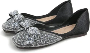 SAILING LU Rhinestones Flats Bow-Knot Shoes Women Dressy Square Toe Bridal Shoes for Wedding Comfortable Loafers Slip-ons