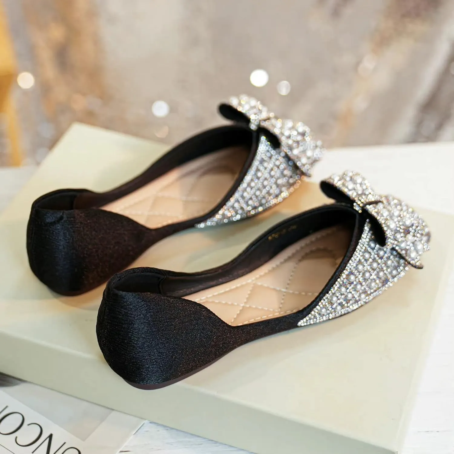 SAILING LU Rhinestones Flats Bow-Knot Shoes Women Dressy Square Toe Bridal Shoes for Wedding Comfortable Loafers Slip-ons