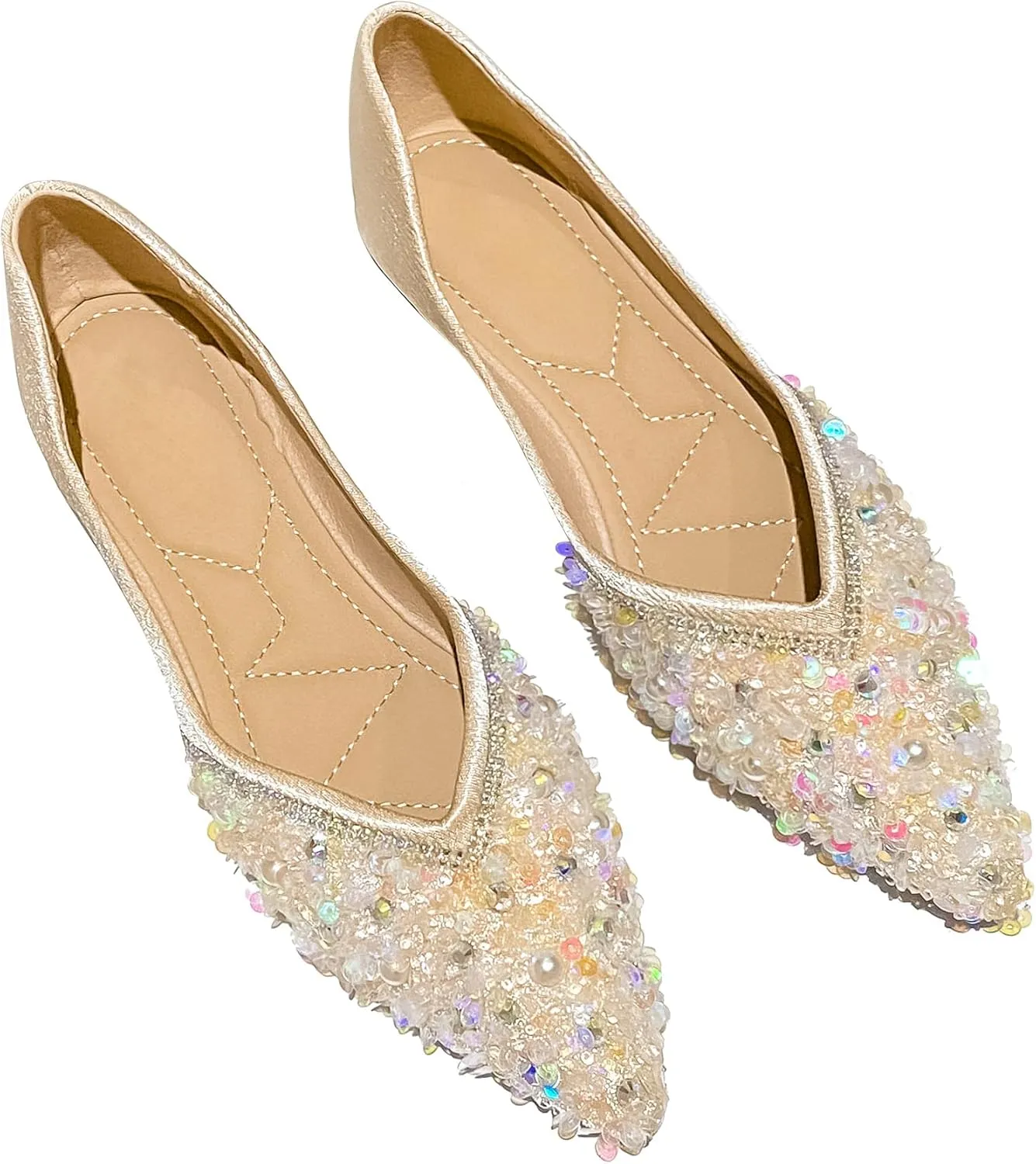 SAILING LU Sparkly Dressy Flats for Women Pointed Toe Crystals Bridal Wedding Shoes Bow-Knot Comfortable Loafers Slip-ons Black Nude