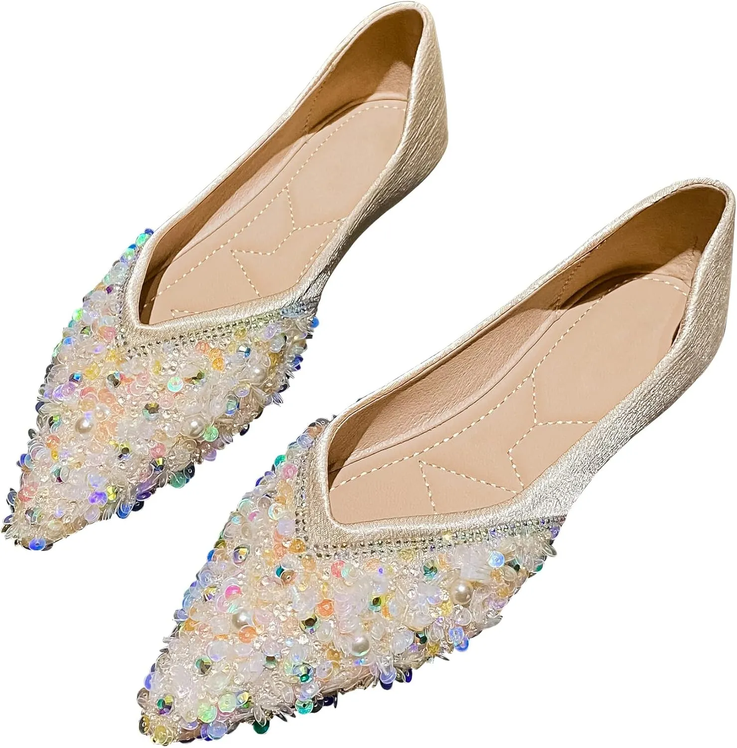 SAILING LU Sparkly Dressy Flats for Women Pointed Toe Crystals Bridal Wedding Shoes Bow-Knot Comfortable Loafers Slip-ons Black Nude