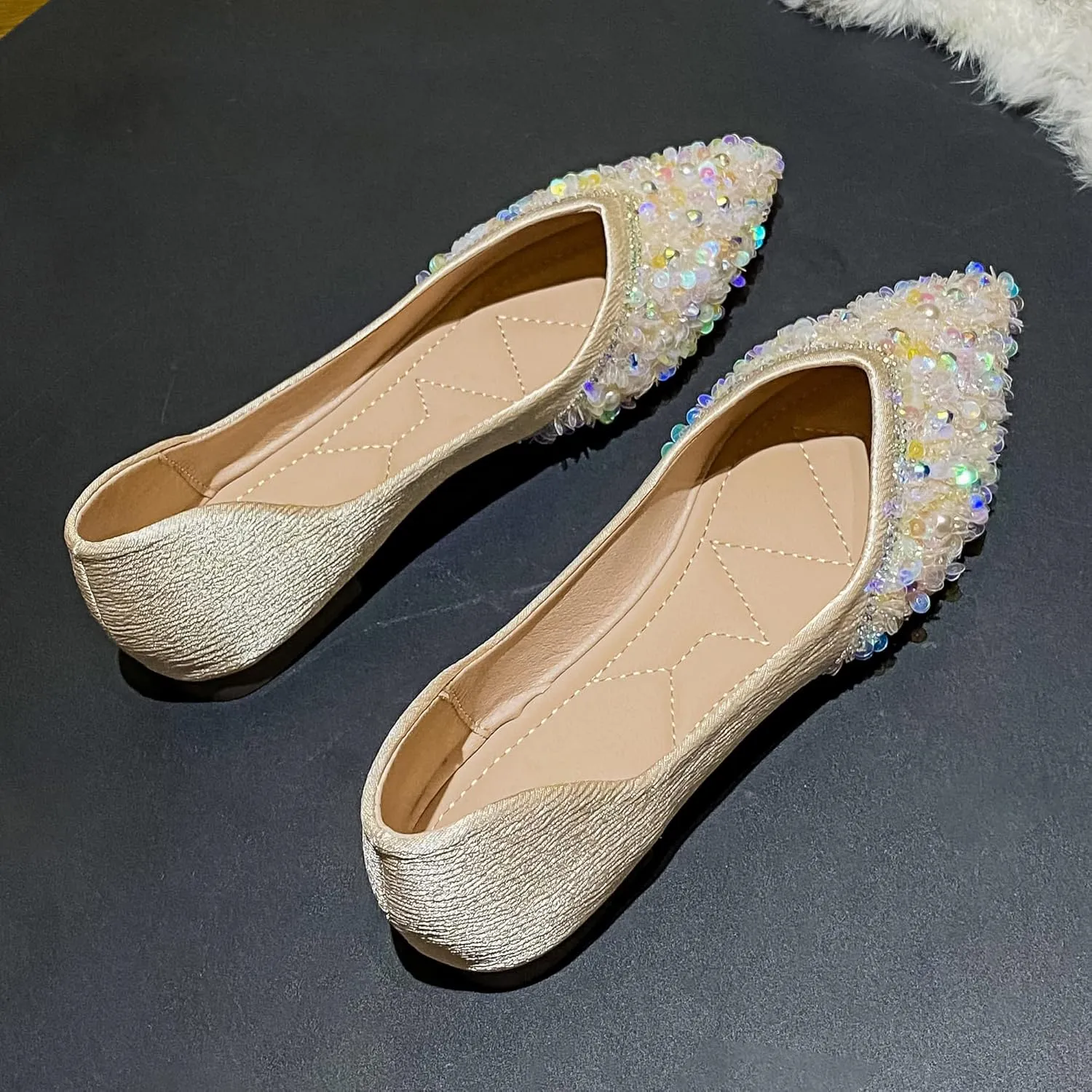 SAILING LU Sparkly Dressy Flats for Women Pointed Toe Crystals Bridal Wedding Shoes Bow-Knot Comfortable Loafers Slip-ons Black Nude