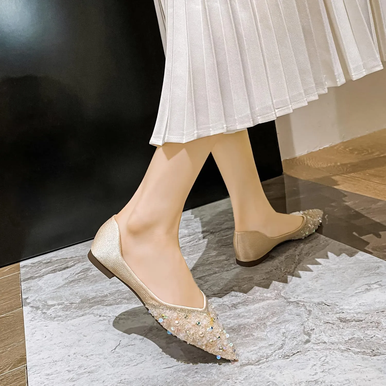 SAILING LU Sparkly Dressy Flats for Women Pointed Toe Crystals Bridal Wedding Shoes Bow-Knot Comfortable Loafers Slip-ons Black Nude