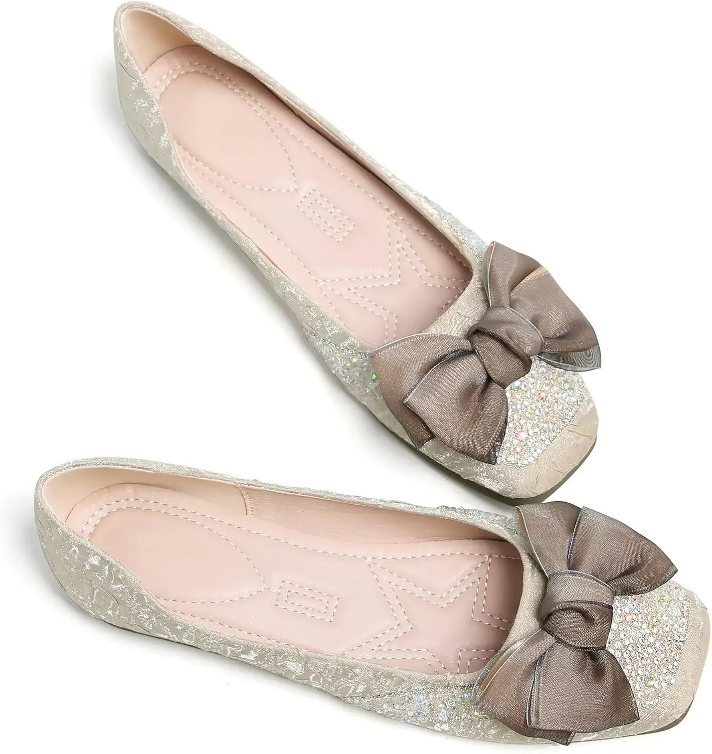 SAILING LU Square Toe Flats Shoes Rhinestoned Bowknots Ballet Flats for Women Studded Dress Shoes Comfort Light Weight Loafers