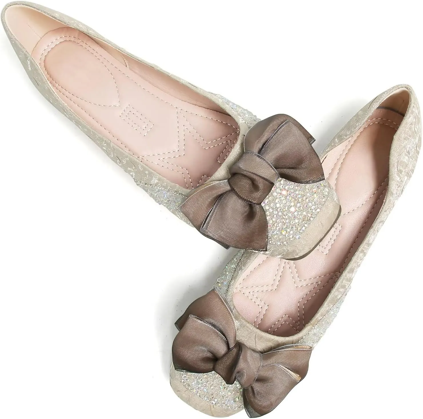 SAILING LU Square Toe Flats Shoes Rhinestoned Bowknots Ballet Flats for Women Studded Dress Shoes Comfort Light Weight Loafers