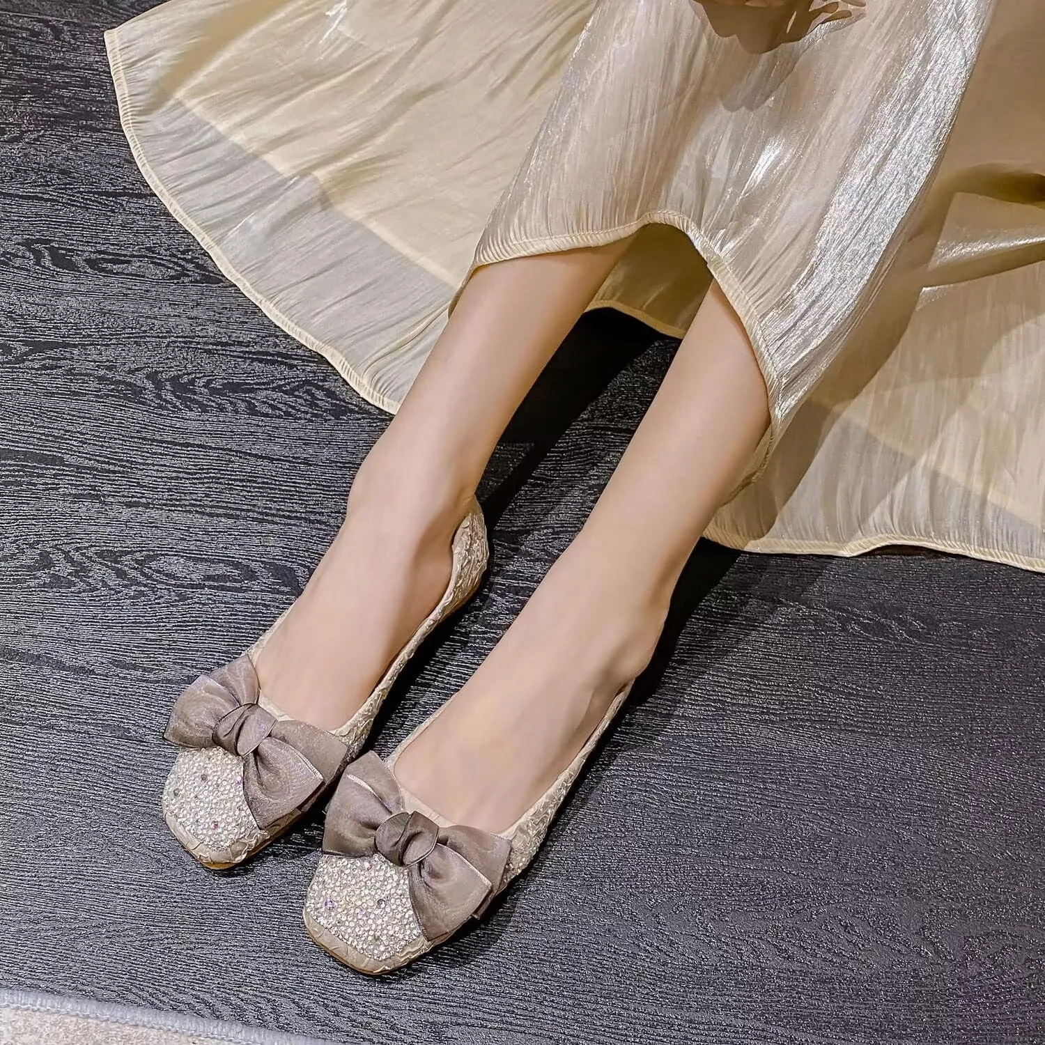 SAILING LU Square Toe Flats Shoes Rhinestoned Bowknots Ballet Flats for Women Studded Dress Shoes Comfort Light Weight Loafers