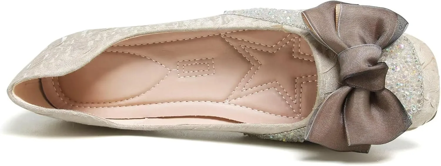SAILING LU Square Toe Flats Shoes Rhinestoned Bowknots Ballet Flats for Women Studded Dress Shoes Comfort Light Weight Loafers