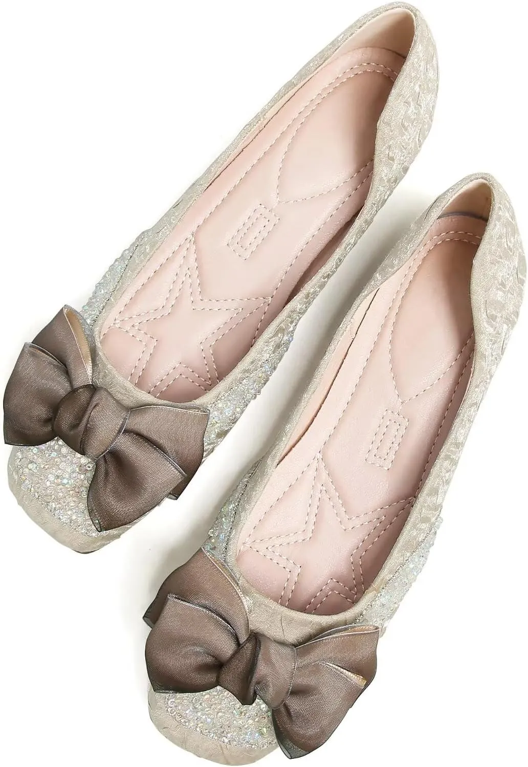 SAILING LU Square Toe Flats Shoes Rhinestoned Bowknots Ballet Flats for Women Studded Dress Shoes Comfort Light Weight Loafers