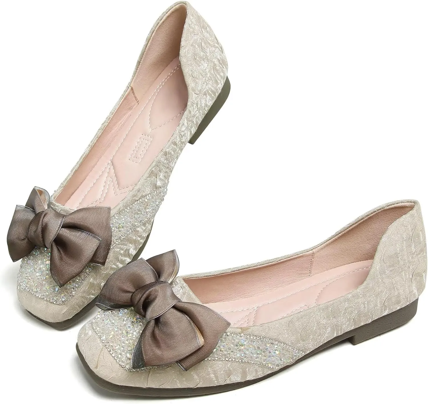 SAILING LU Square Toe Flats Shoes Rhinestoned Bowknots Ballet Flats for Women Studded Dress Shoes Comfort Light Weight Loafers