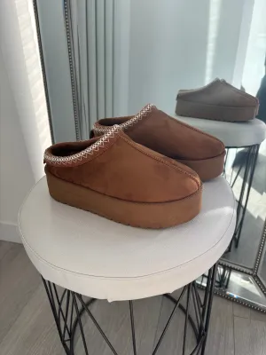 SALE Tas fleece lined platform slipper mule - chestnut