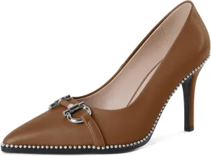 SAMMITOP Women Beaded Pumps Closed Pointed Toe High Heel Buckle Bow Slip On Stilettos 3.5 Inch Sexy Heeled Dress Shoes