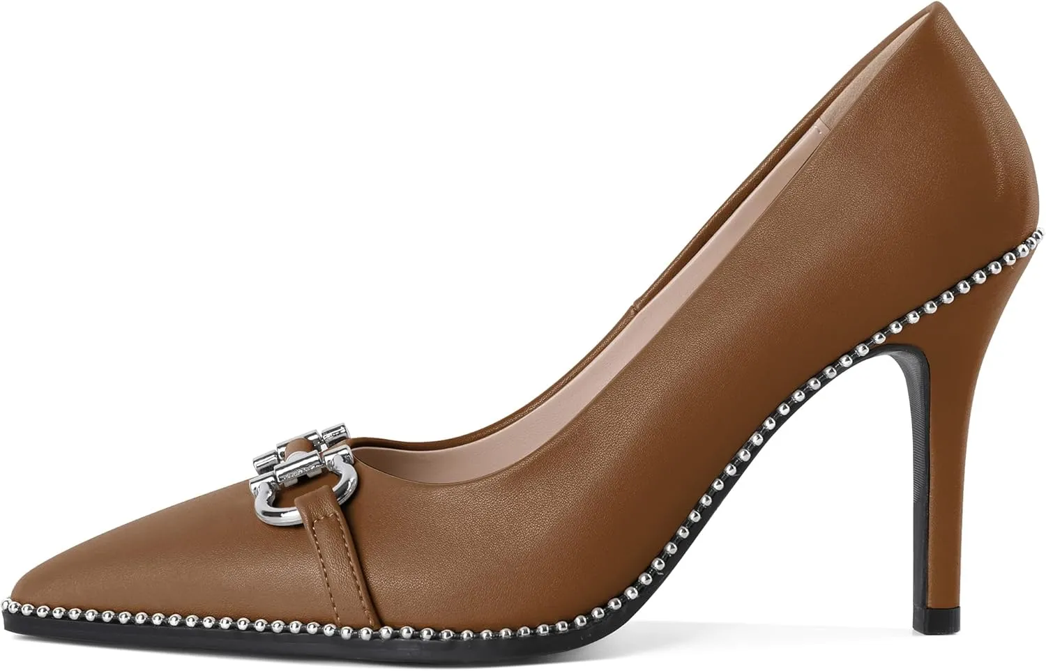 SAMMITOP Women Beaded Pumps Closed Pointed Toe High Heel Buckle Bow Slip On Stilettos 3.5 Inch Sexy Heeled Dress Shoes