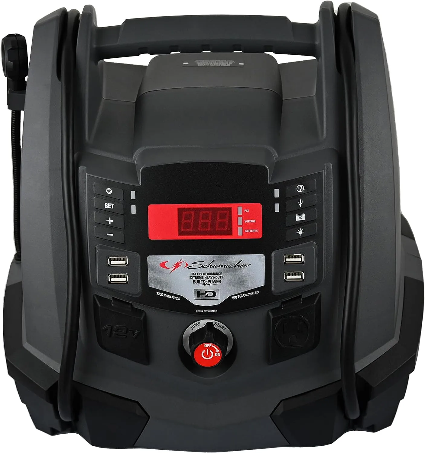 Schumacher Electric Jump Starter and Portable Power Station, SJ1289, 5-in-1, 1200 Peak Amps, 12 Volts, 100-PSI Air Compressor, 200 Continuous Watt Power Inverter, 6 Outlets - DC, AC and USB