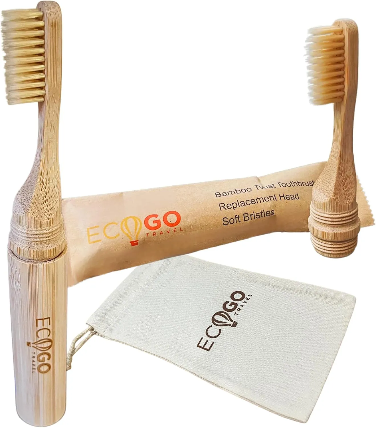 Screwable Bamboo Toothbrush Kit – Travel Toothbrush with Replacement Head & Cotton Storage Bag – Eco-Friendly, Compact, and Perfect for On-the-Go