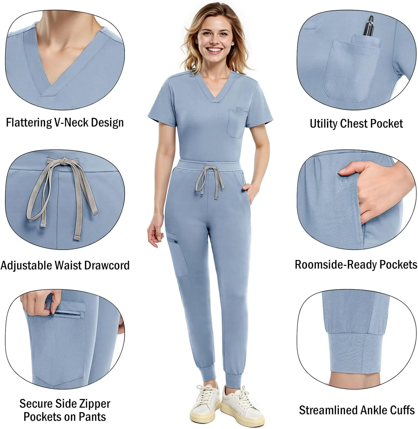 Scrubs for Women Set, V-Neck Scrub Top & Joggers Pants Sets, Slim Quick-dry Anti Wrinkle Yoga Waistband