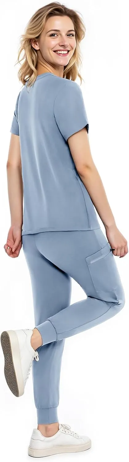Scrubs for Women Set, V-Neck Scrub Top & Joggers Pants Sets, Slim Quick-dry Anti Wrinkle Yoga Waistband