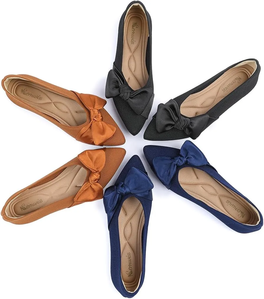 Semwiss Pointed Toe Ballet Flats for Women Slip On Comfortable Flats with Bow Dressy Casual Work Shoes