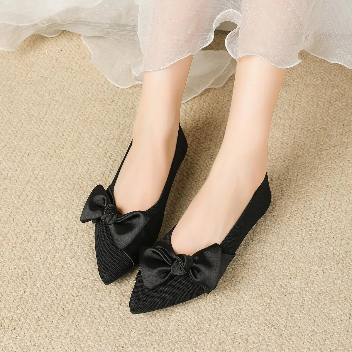 Semwiss Pointed Toe Ballet Flats for Women Slip On Comfortable Flats with Bow Dressy Casual Work Shoes