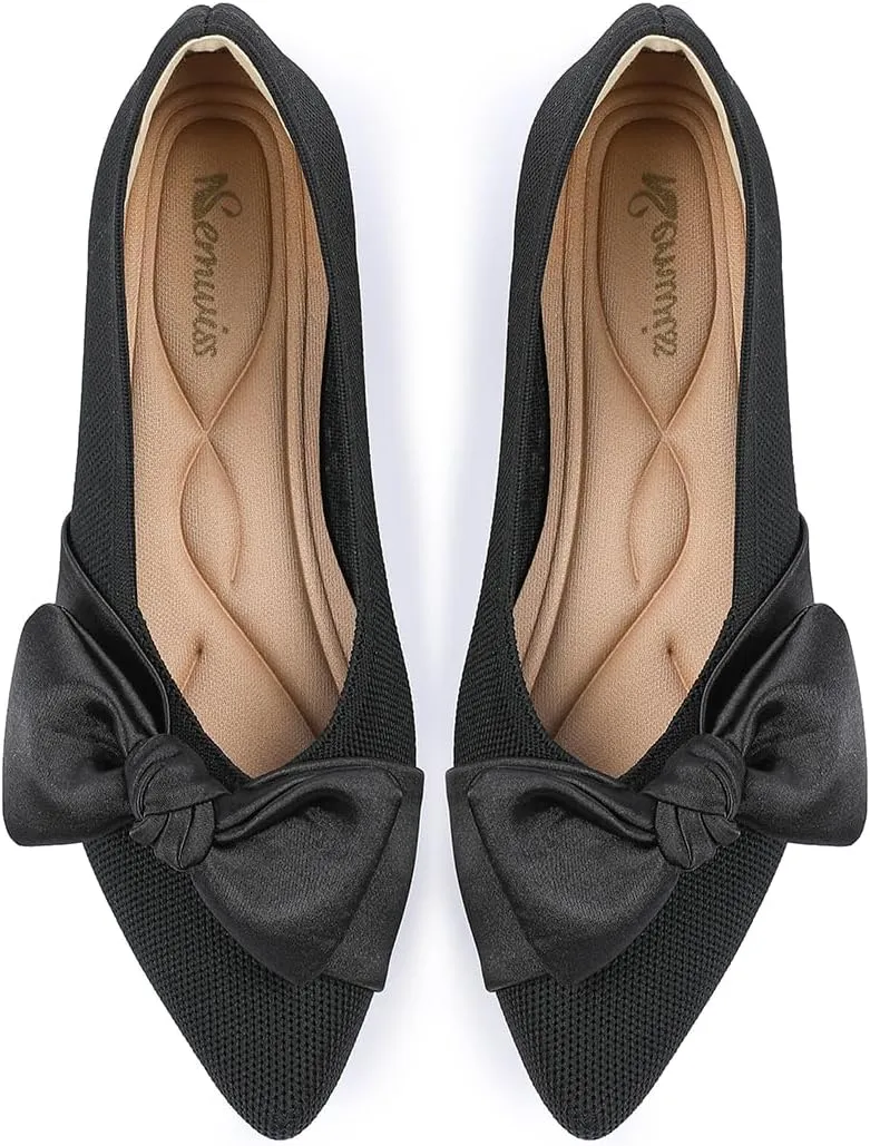 Semwiss Pointed Toe Ballet Flats for Women Slip On Comfortable Flats with Bow Dressy Casual Work Shoes