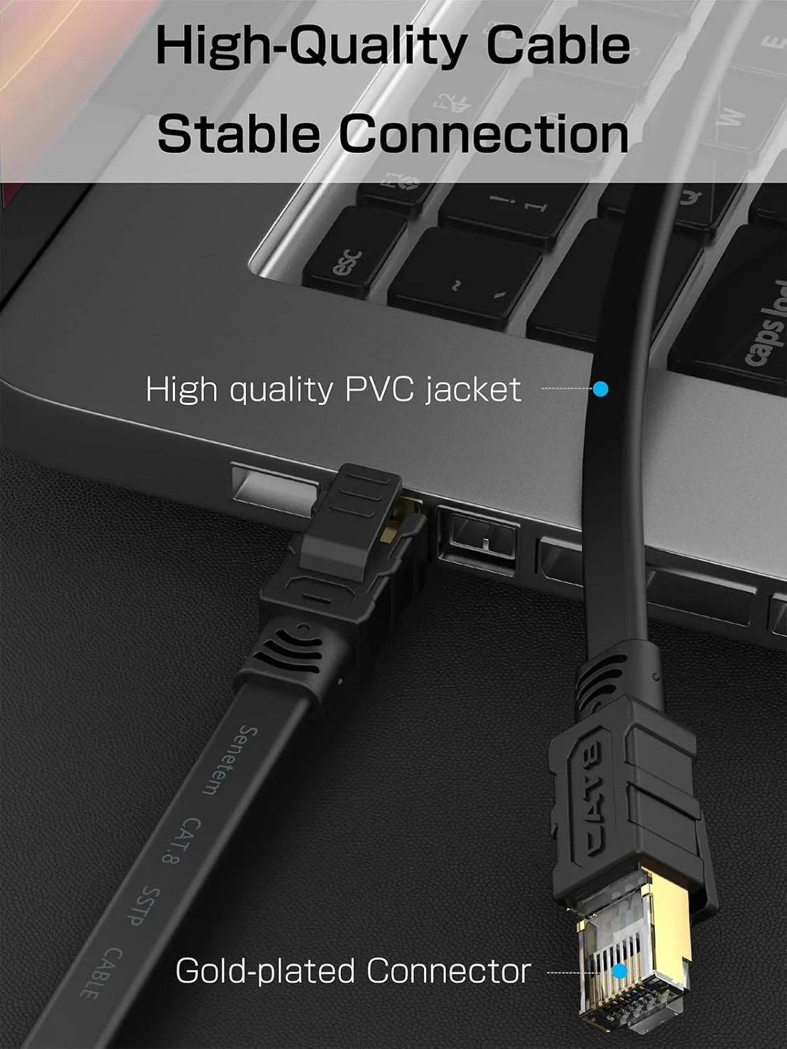 Senetem Cat 8 Ethernet Cable 75FT, High Speed 40Gbps 2000Mhz Flat Internet Network Patch Cord, RJ45 Shielded Outdoor&Indoor LAN Cable, Compatible for Gaming, PC, PS5/4/3, Xbox, Modem, Router