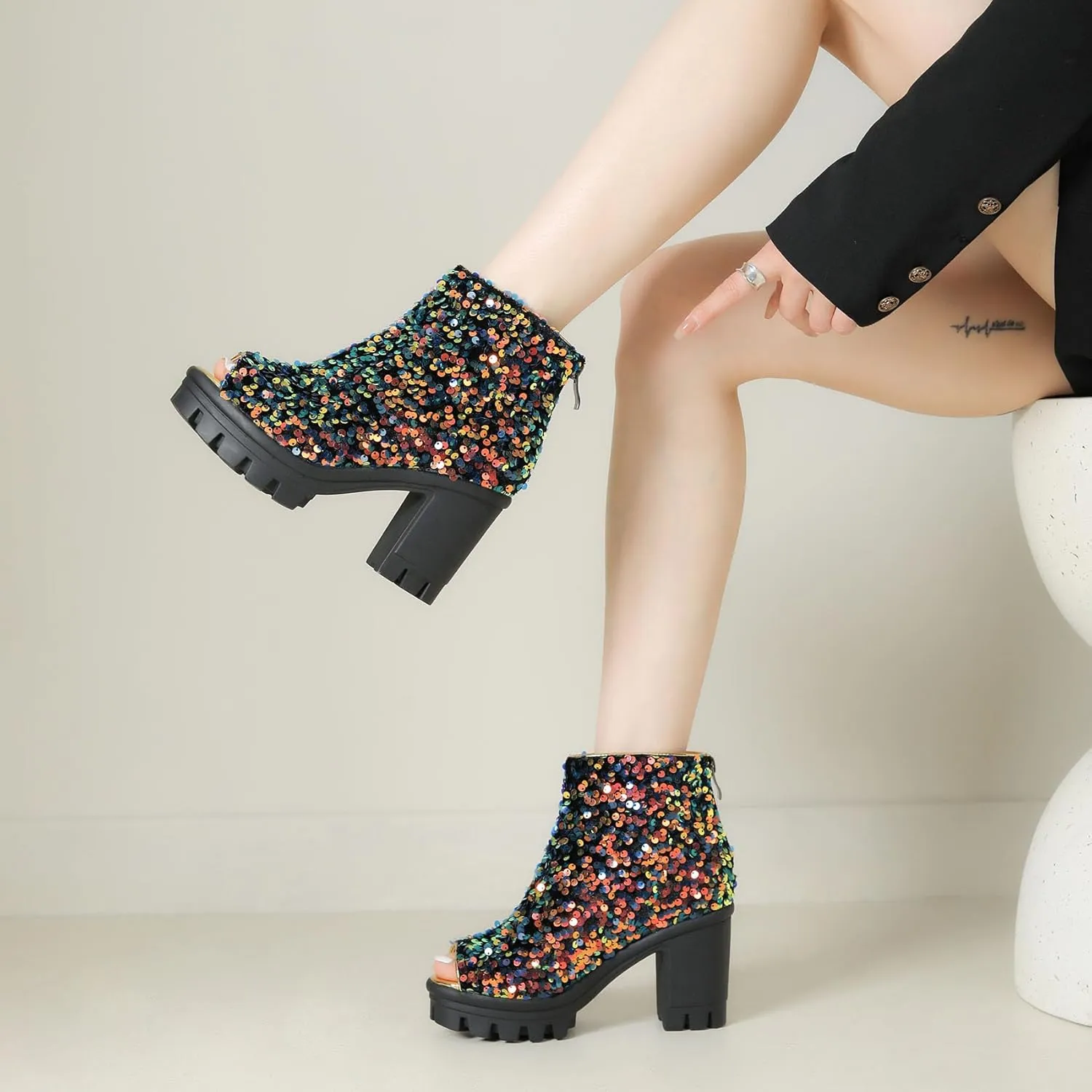 SHEMEE Peep Toe Glitter Ankle Boots for Women Chunky High Heeled Sandals Sparkly Sequin Block Heels Summer Booties with Zipper