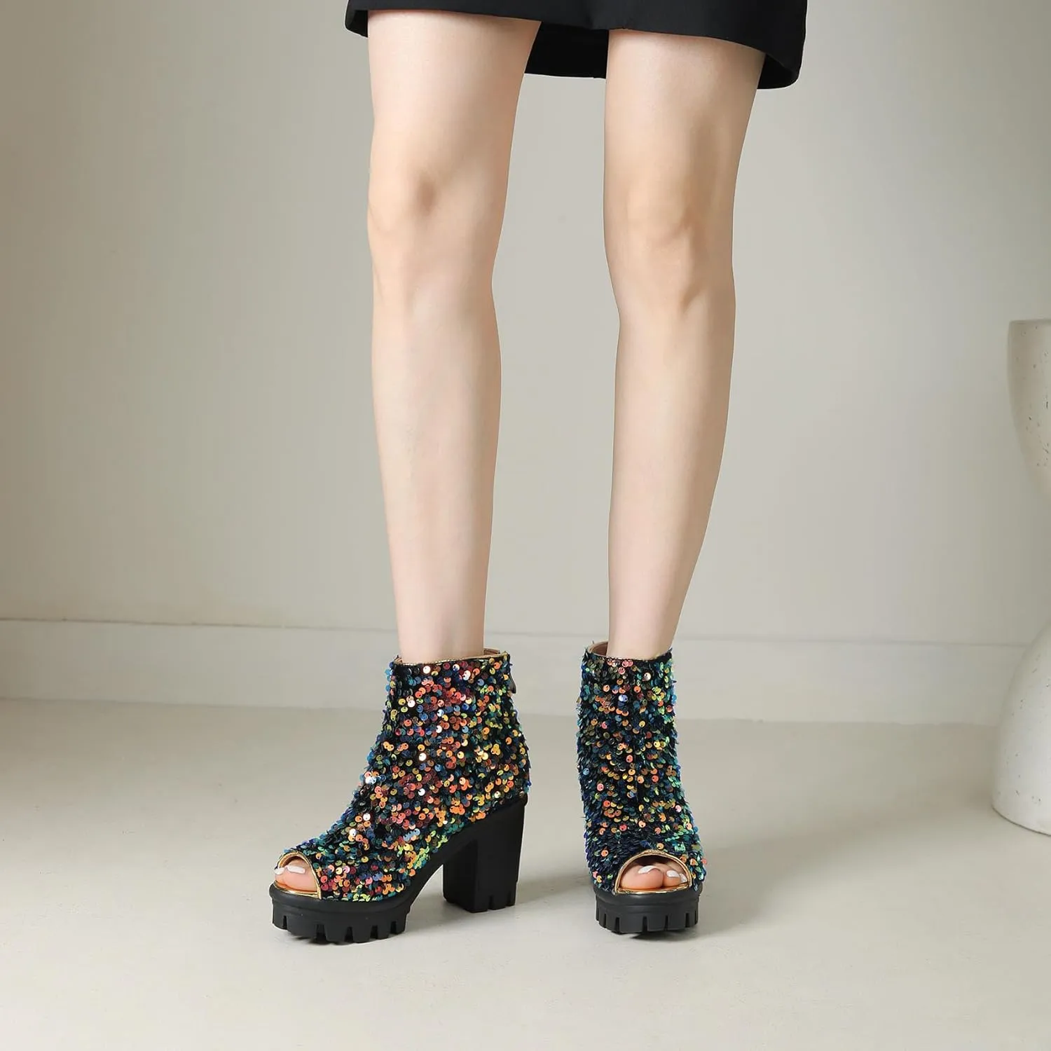 SHEMEE Peep Toe Glitter Ankle Boots for Women Chunky High Heeled Sandals Sparkly Sequin Block Heels Summer Booties with Zipper