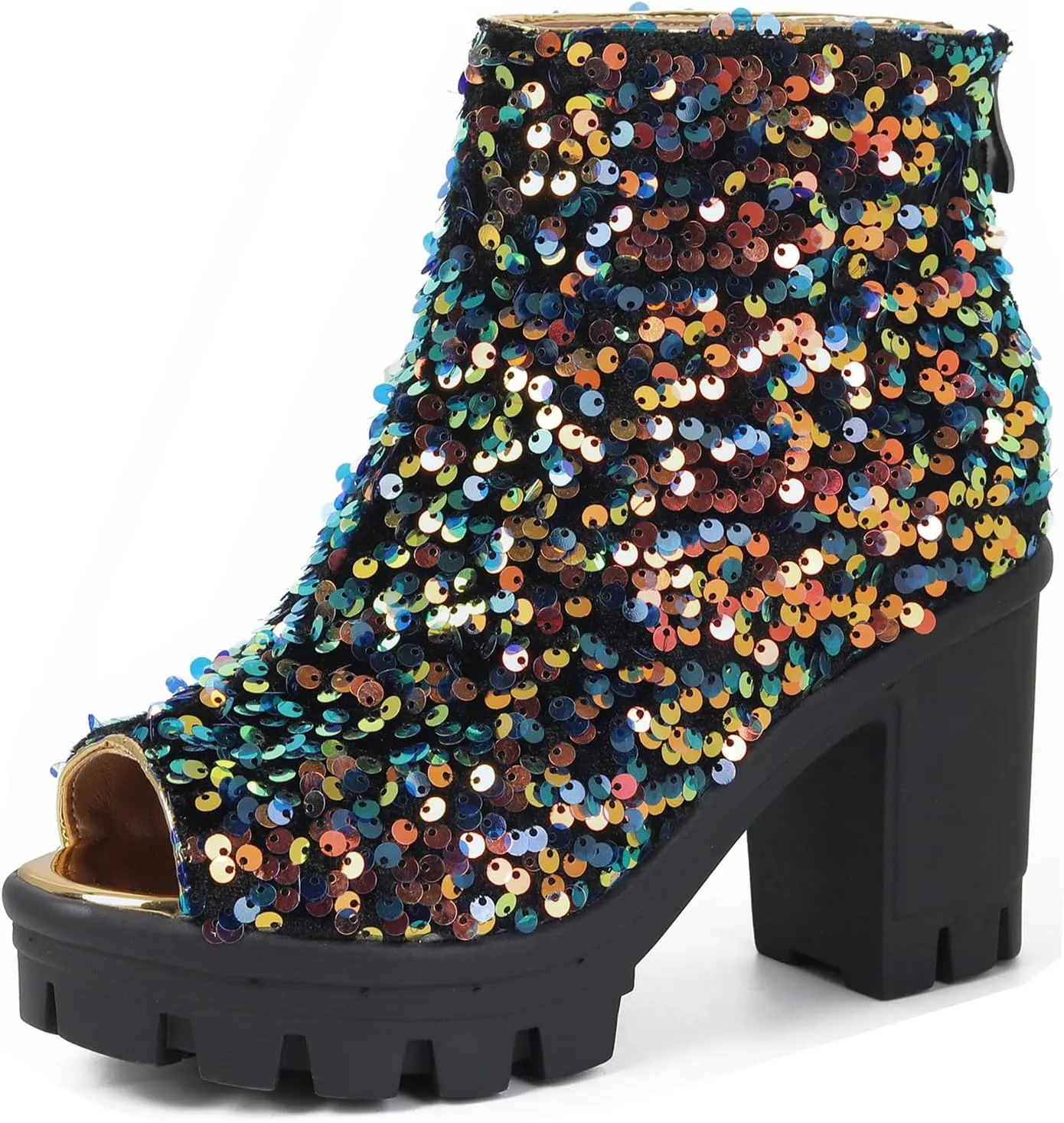 SHEMEE Peep Toe Glitter Ankle Boots for Women Chunky High Heeled Sandals Sparkly Sequin Block Heels Summer Booties with Zipper