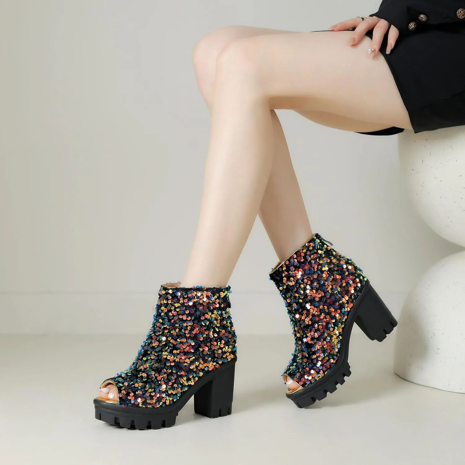 SHEMEE Peep Toe Glitter Ankle Boots for Women Chunky High Heeled Sandals Sparkly Sequin Block Heels Summer Booties with Zipper